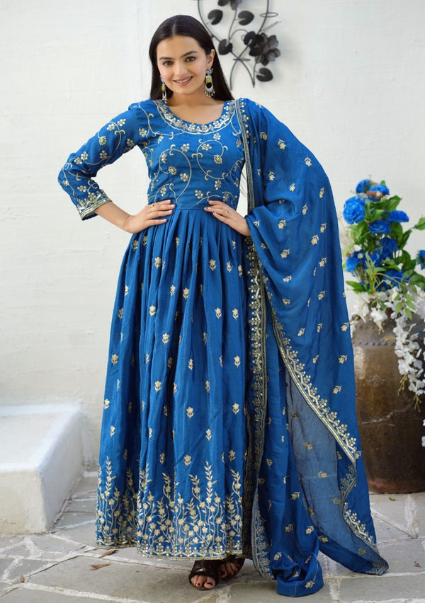 Lehenga Mart Designer Chinon Gown With Sequence Embroidered Work - Blue - Distacart