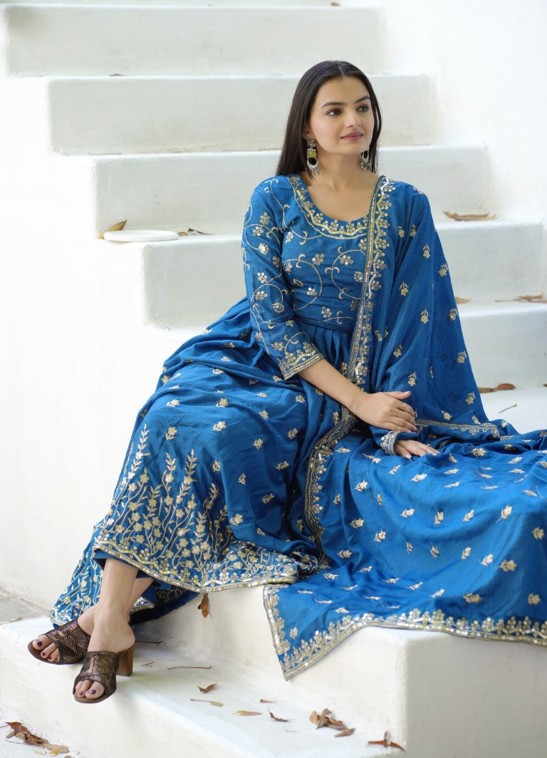Lehenga Mart Designer Chinon Gown With Sequence Embroidered Work - Blue - Distacart