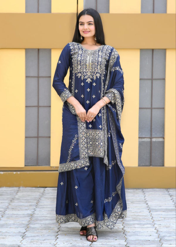 Lehenga Mart Designer Chinon Suit With Coding Sequence Embroidered Work - Blue - Distacart