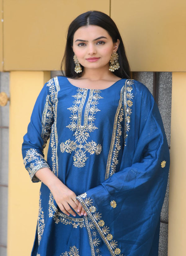 Lehenga Mart Designer Chinon Suit With Sequence Embroidered Work - Blue - Distacart