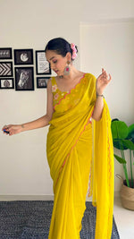 Thumbnail for Vamika Embroidery Mustard Georgette Bollywood Saree - Distacart