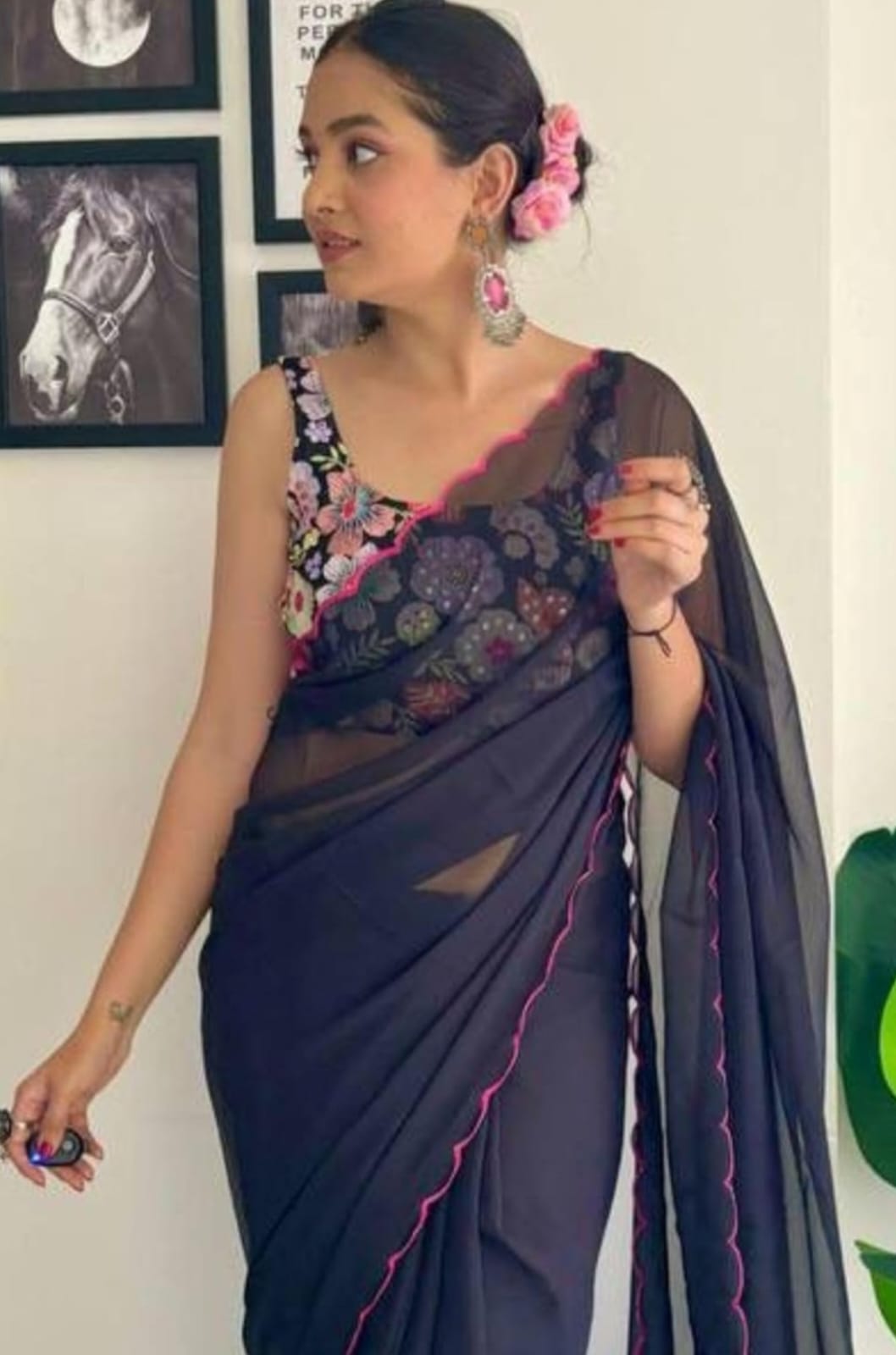 Vamika Embroidery Navy Blue Georgette Bollywood Saree - Distacart