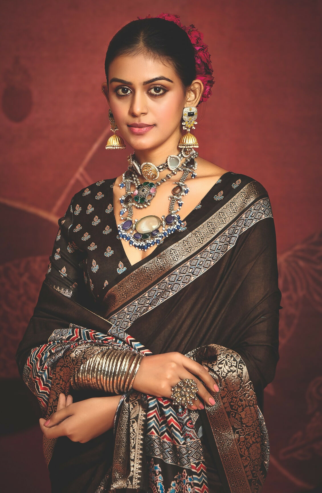 Joban Fashion Brown Art Silk With Fine Viscose Border Ajrak Full Body Print With Soft Finish Saree