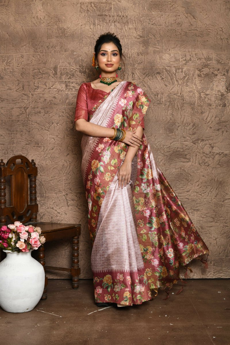 Aastha Fashion Rani Pink Floral Printed Silk Saree with Blouse - Distacart