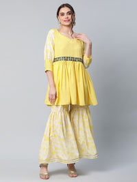 Thumbnail for Ahalyaa Women Yellow Crepe Floral Short Kurta with Sharara Set - Distacart