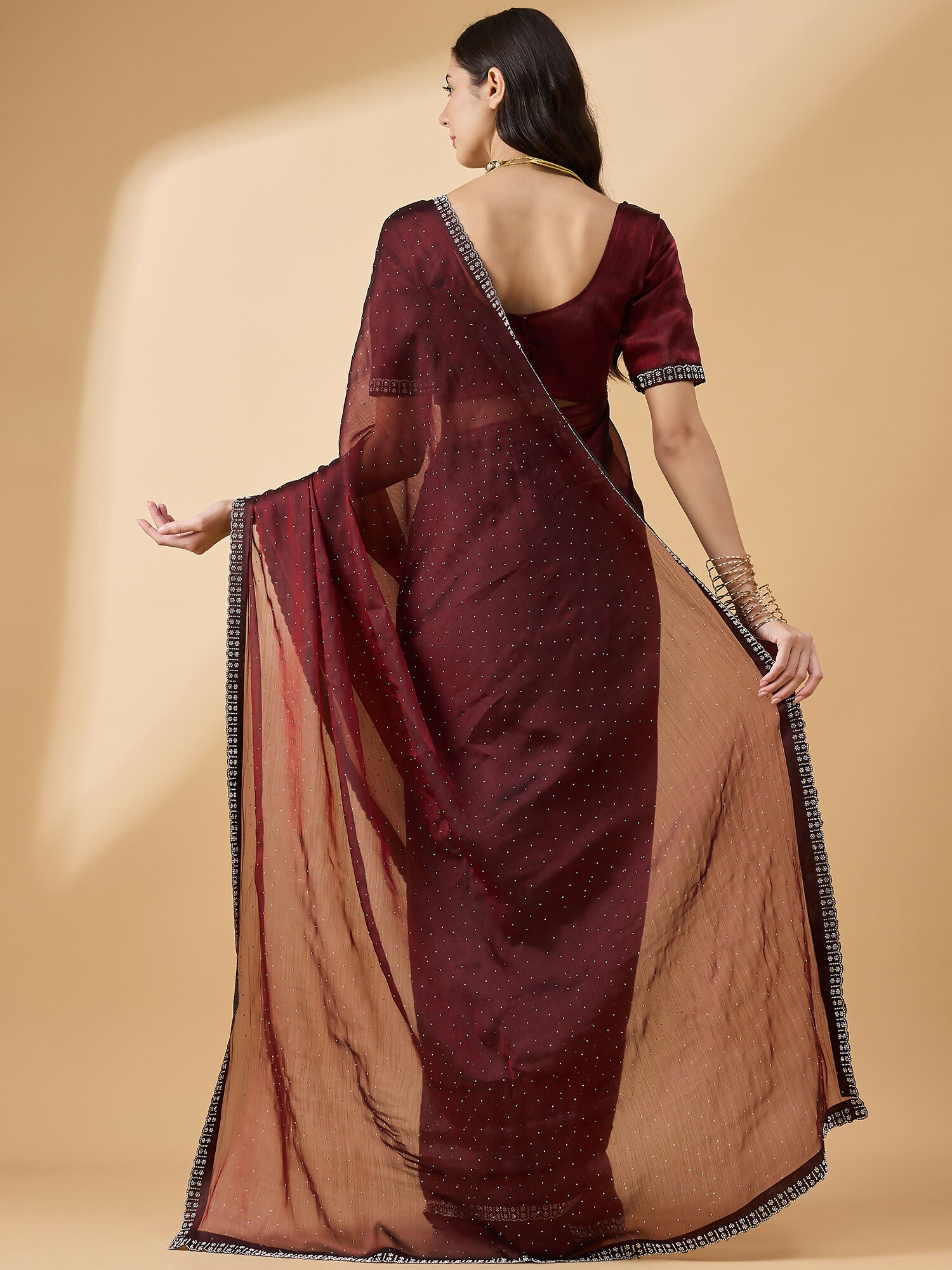Brown Organza Swaroski Diamond Work Saree with Unstitched Blouse - Radha - Distacart