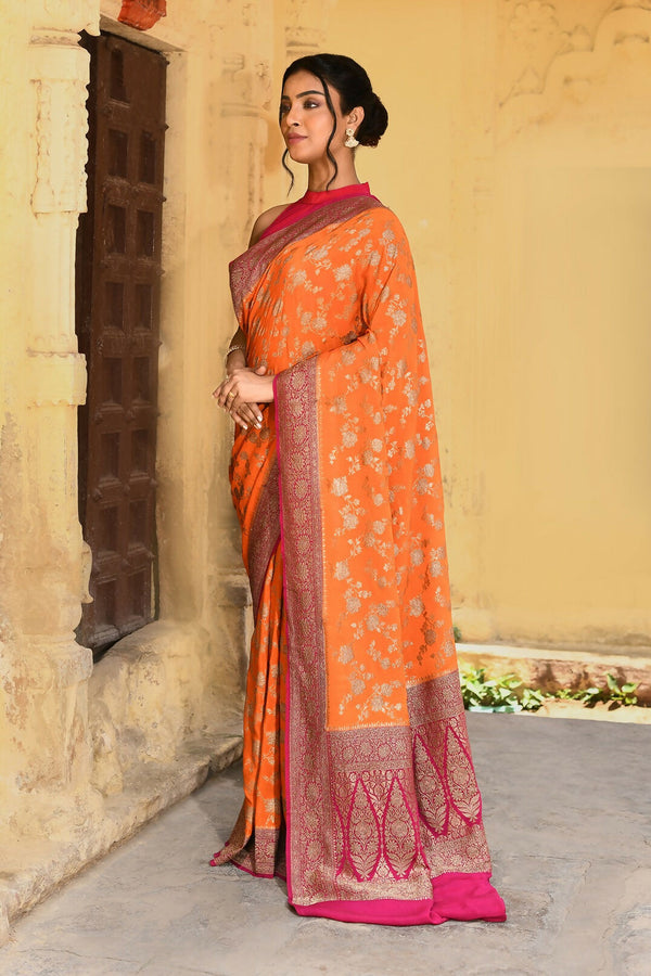 Joban Fashion Orange Crepe Chiffon Pure Handloom Banarasi Silk Saree