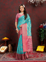 Thumbnail for Lorenvalley Fashion Firozi Organza Silk Woven Design with Rich Meenakari Weaving Pallu Saree - Distacart