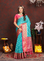 Thumbnail for Lorenvalley Fashion Firozi Organza Silk Woven Design with Rich Meenakari Weaving Pallu Saree - Distacart