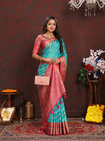 Thumbnail for Lorenvalley Fashion Firozi Organza Silk Woven Design with Rich Meenakari Weaving Pallu Saree - Distacart