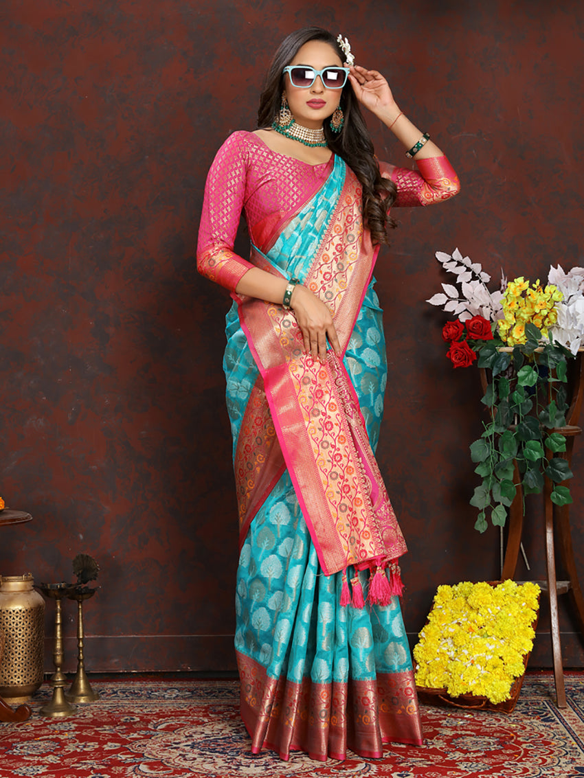 Lorenvalley Fashion Firozi Organza Silk Woven Design with Rich Meenakari Weaving Pallu Saree - Distacart