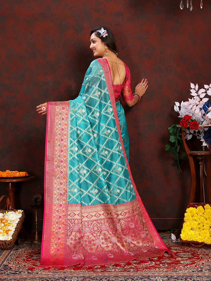 Lorenvalley Fashion Firozi Organza Silk Woven Design with Rich Meenakari Weaving Pallu Saree - Distacart