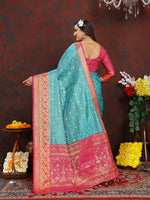 Thumbnail for Lorenvalley Fashion Firozi Organza Silk Woven Design with Rich Meenakari Weaving Pallu Saree - Distacart