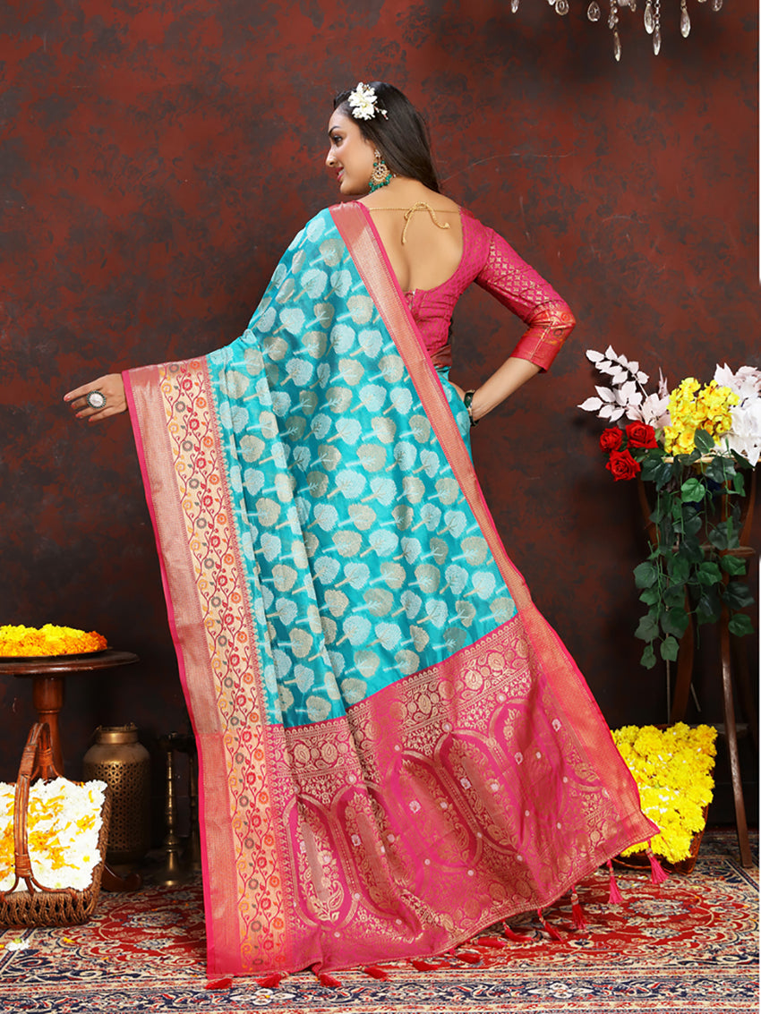 Lorenvalley Fashion Firozi Organza Silk Woven Design with Rich Meenakari Weaving Pallu Saree - Distacart