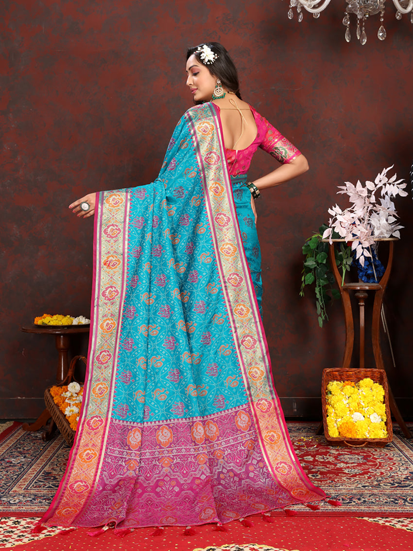 Lorenvalley Fashion Firozi Patola Silk Woven Design with Zari Meenakari Weaving motifs motifs Pallu Saree - Distacart