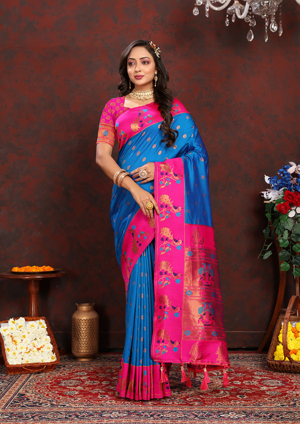 Lorenvalley Fashion Firozi Soft Paithani Silk Woven Design Rich Zari Meenakari Weaving Saree - Distacart