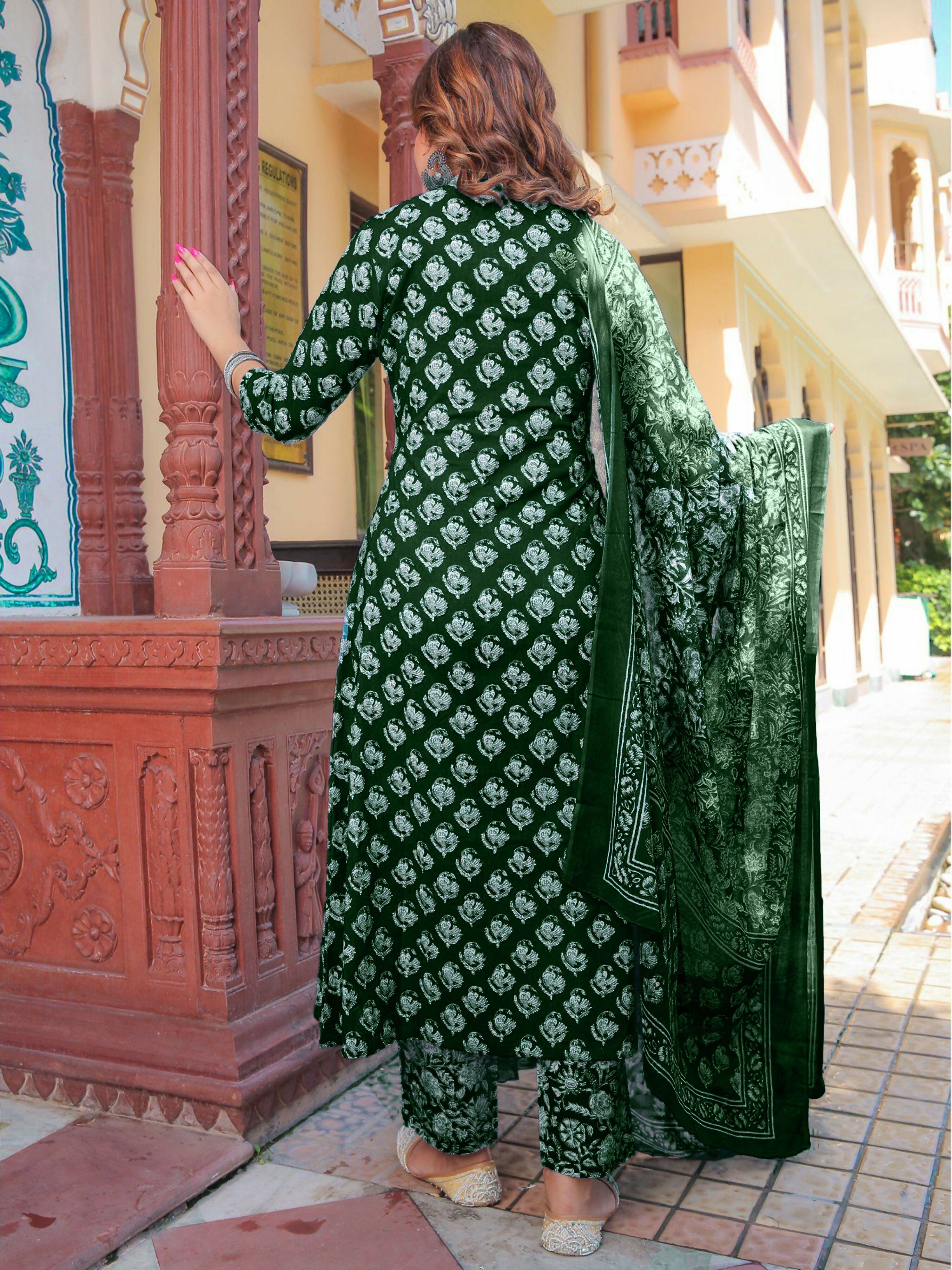 Vamika Poly Rayon Printed Bottle Green Party Wear/Casual Wear/Office Wear Kurta Set/Suit - Distacart