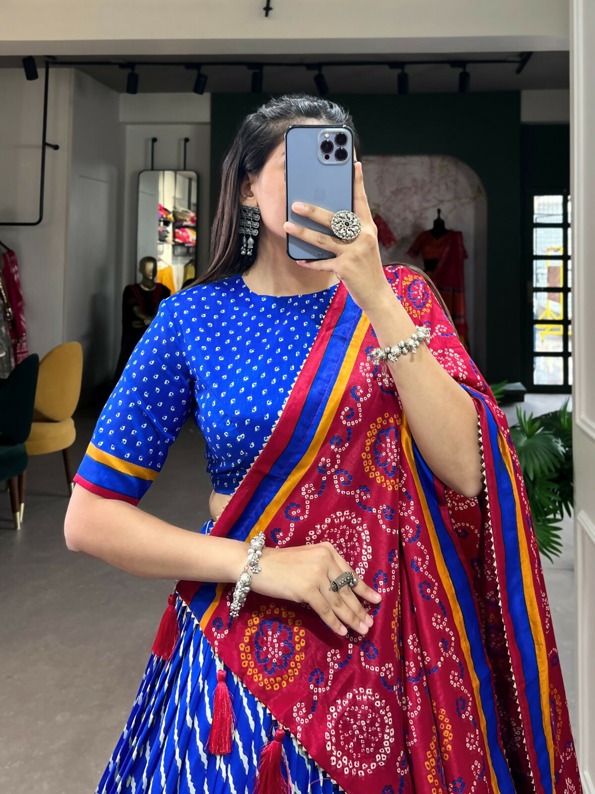 Vastranavya Cultural Leheriya With Patola Print Border Tussar Silk Lehenga Choli - Royal Blue - Distacart