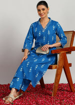 Thumbnail for Aavyora Women's Blue Ikat Printed Ethnic Co-ord Set