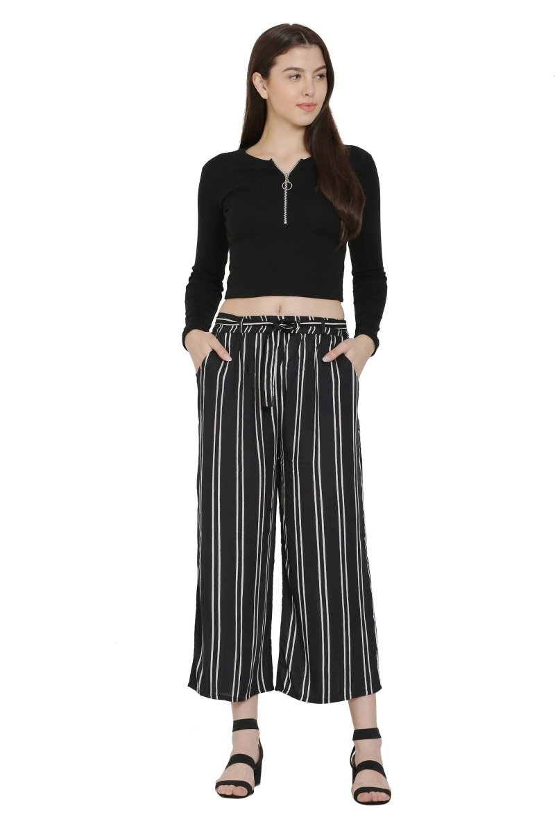 Asmaani Black Color Rayon Fabric Stripped Palazzo