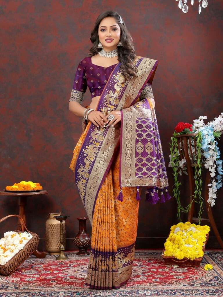 Vastranavya Orange Soft Patola Silk With Meenakari Weaving Motifs And Rich Zari Weaving Pallu Saree With Matching Blouse Fabric - Distacart