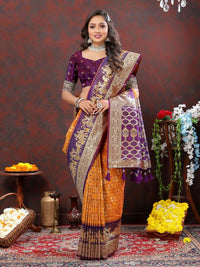 Thumbnail for Vastranavya Orange Soft Patola Silk With Meenakari Weaving Motifs And Rich Zari Weaving Pallu Saree With Matching Blouse Fabric - Distacart
