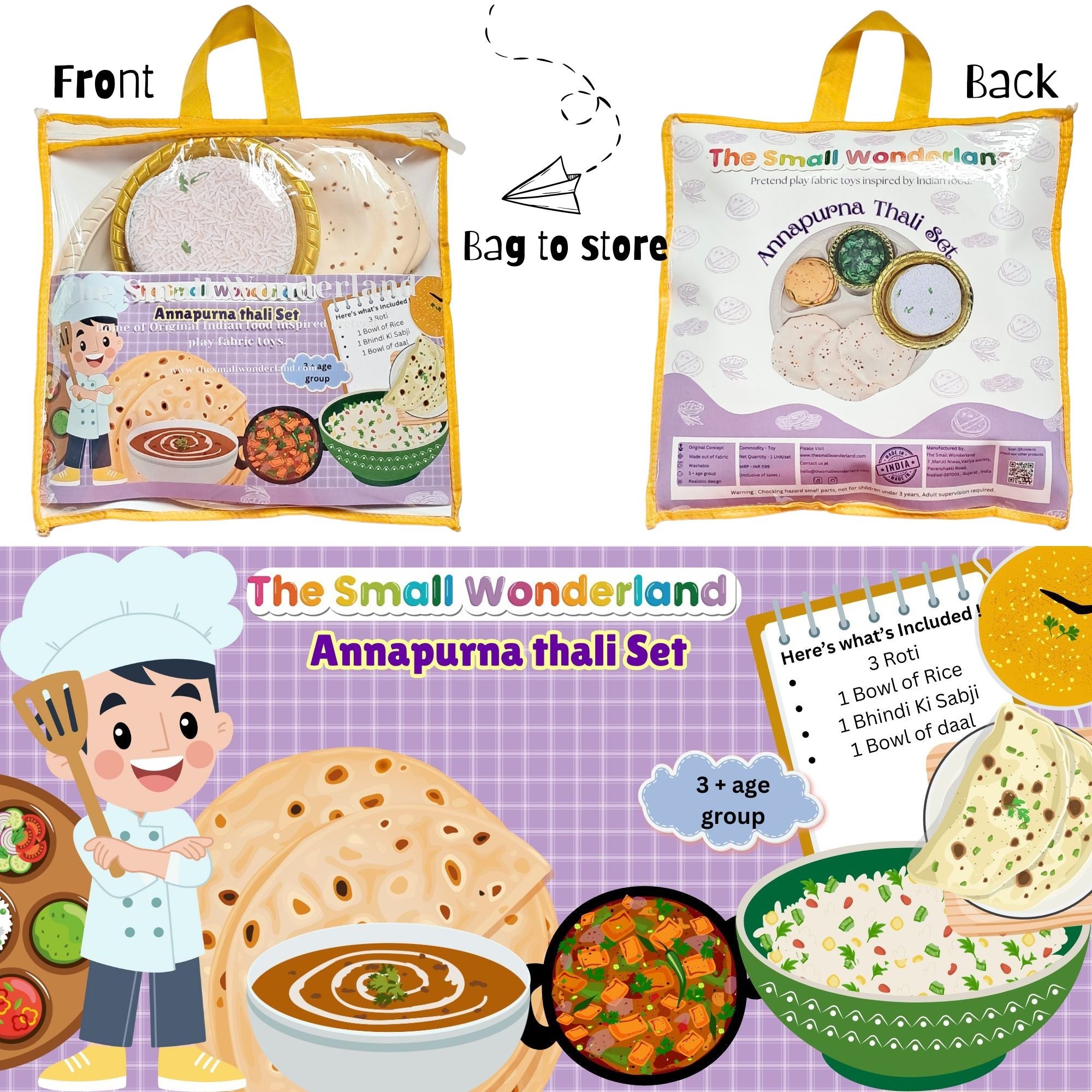 The Small Wonderland Annapurna Thali Pretend Play Set -Roti,Daal ,Rice ,bhindi ki sabji - Indian Food Inspired Pretend Play toys