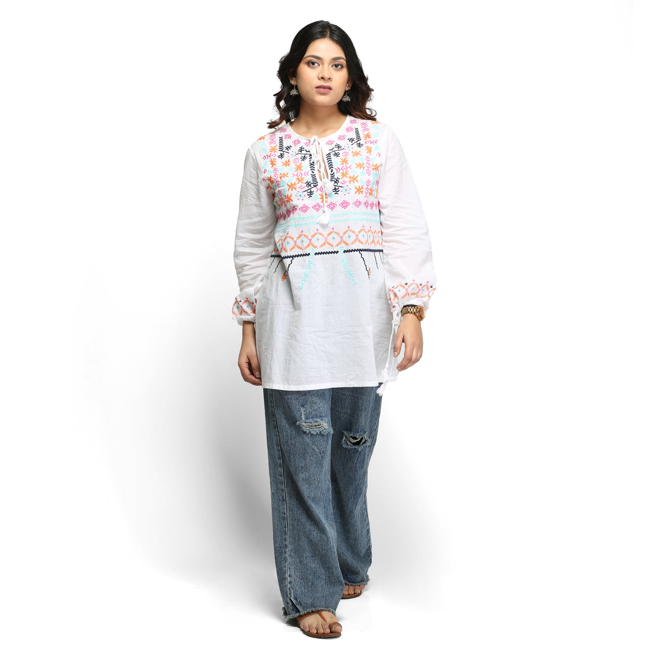NOZ2TOZ Embroidered full sleeve tunic for women - White