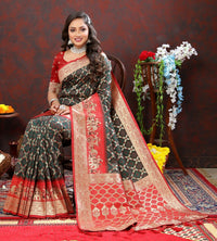 Thumbnail for Vastranavya Black Soft Patola Silk With Meenakari Weaving Motifs And Rich Zari Weaving Pallu Saree With Matching Blouse Fabric - Distacart