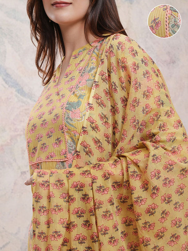 Vishudh Floral Printed Pure Cotton Kurta With Trousers & Dupatta - Distacart