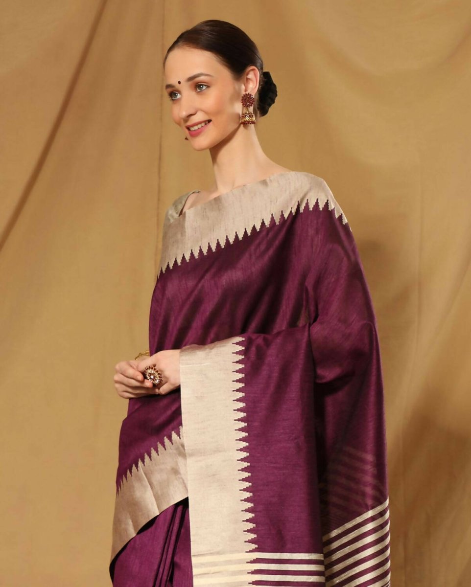 Aastha Fashion Wine Temple Border Banglori Raw Silk Saree with Blouse - Distacart