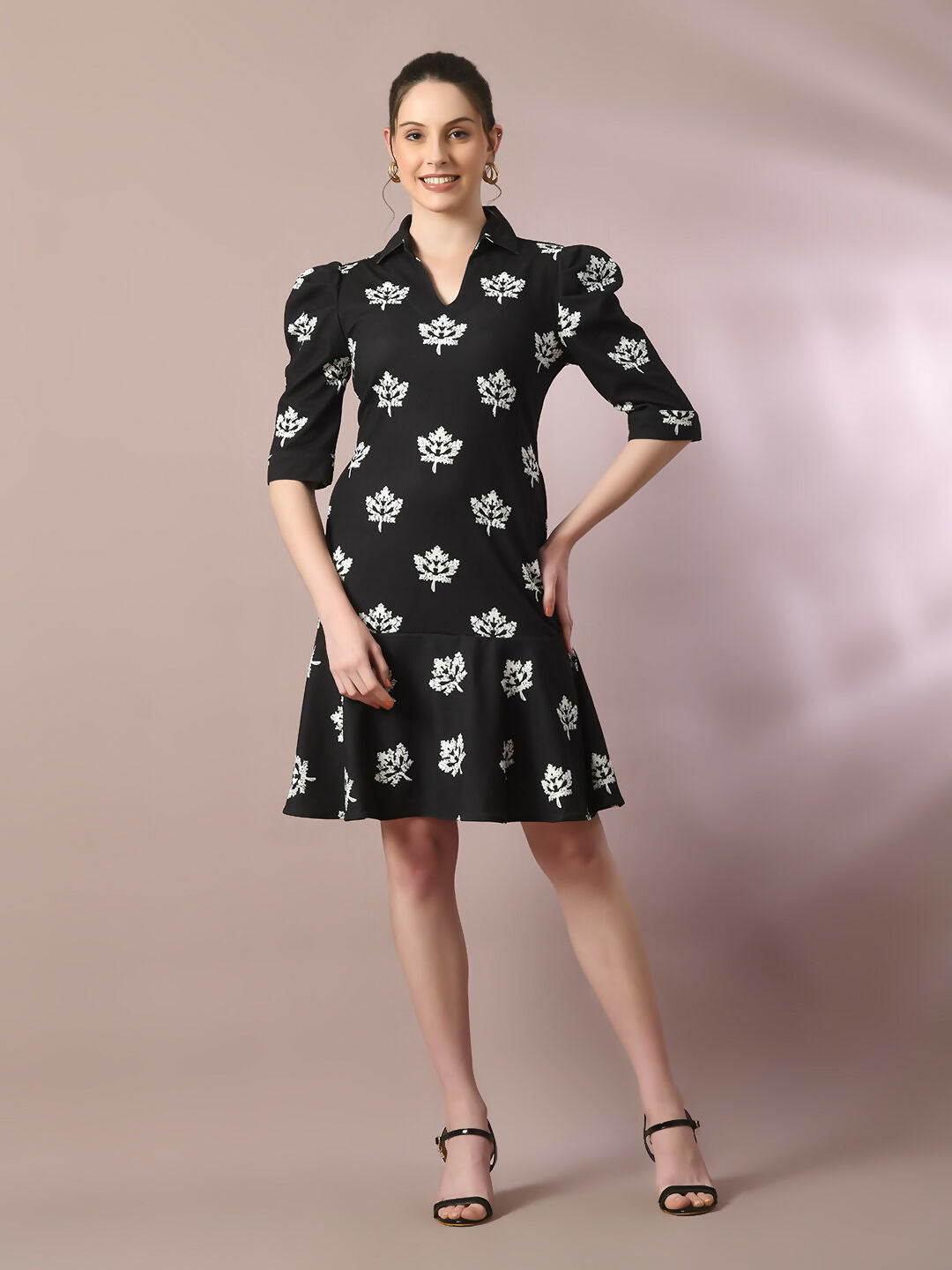 Myshka Women's Black Printed Shirt Collar Fit and Flare Party Dress - Distacart