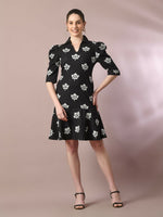 Thumbnail for Myshka Women's Black Printed Shirt Collar Fit and Flare Party Dress - Distacart