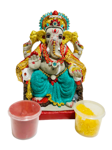 Eco-Friendly Ganesh Idol Small (Non-Toxic Colors) With Kumkum & Akshat - Limited Time Offer - Distacart