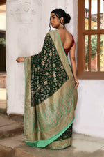 Thumbnail for Joban Fashion Emerald Green Crepe Chiffon Pure Handloom Banarasi Silk Saree
