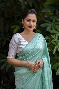 Thumbnail for Green Poly Georgette Woven Design Saree with Unstitched Blouse - A2M