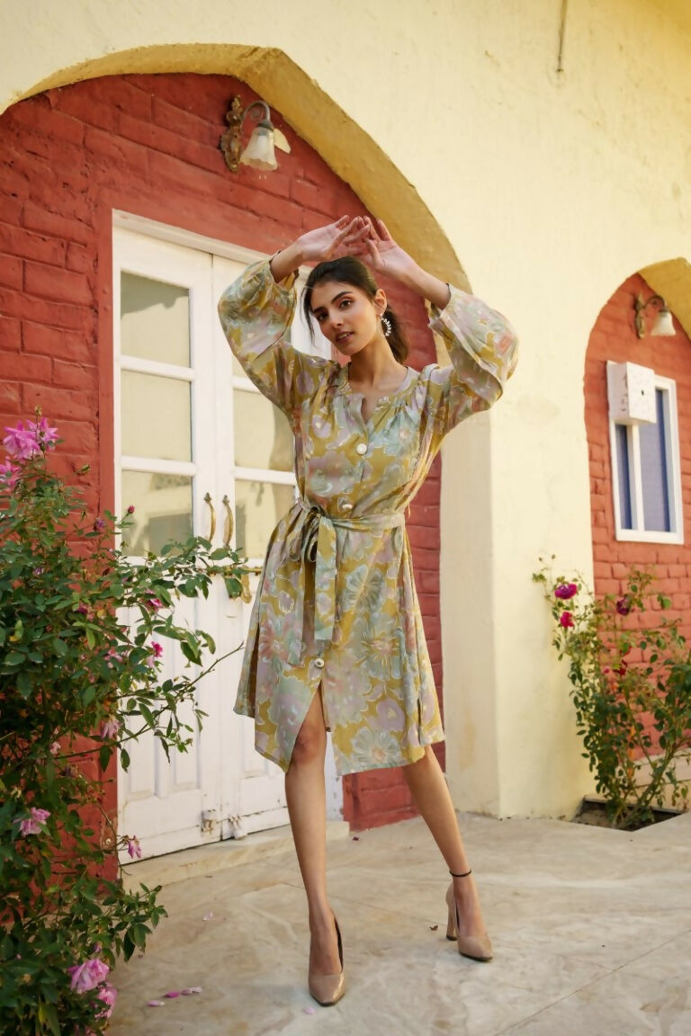 Vaasva Women Green Muslin Floral Printed Knee Length Dress - Distacart