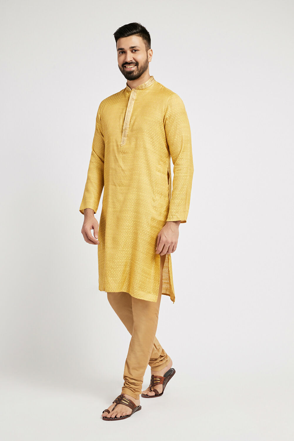 Ethnic India Yellow Men's Kurta Woven Design Polyester - Distacart