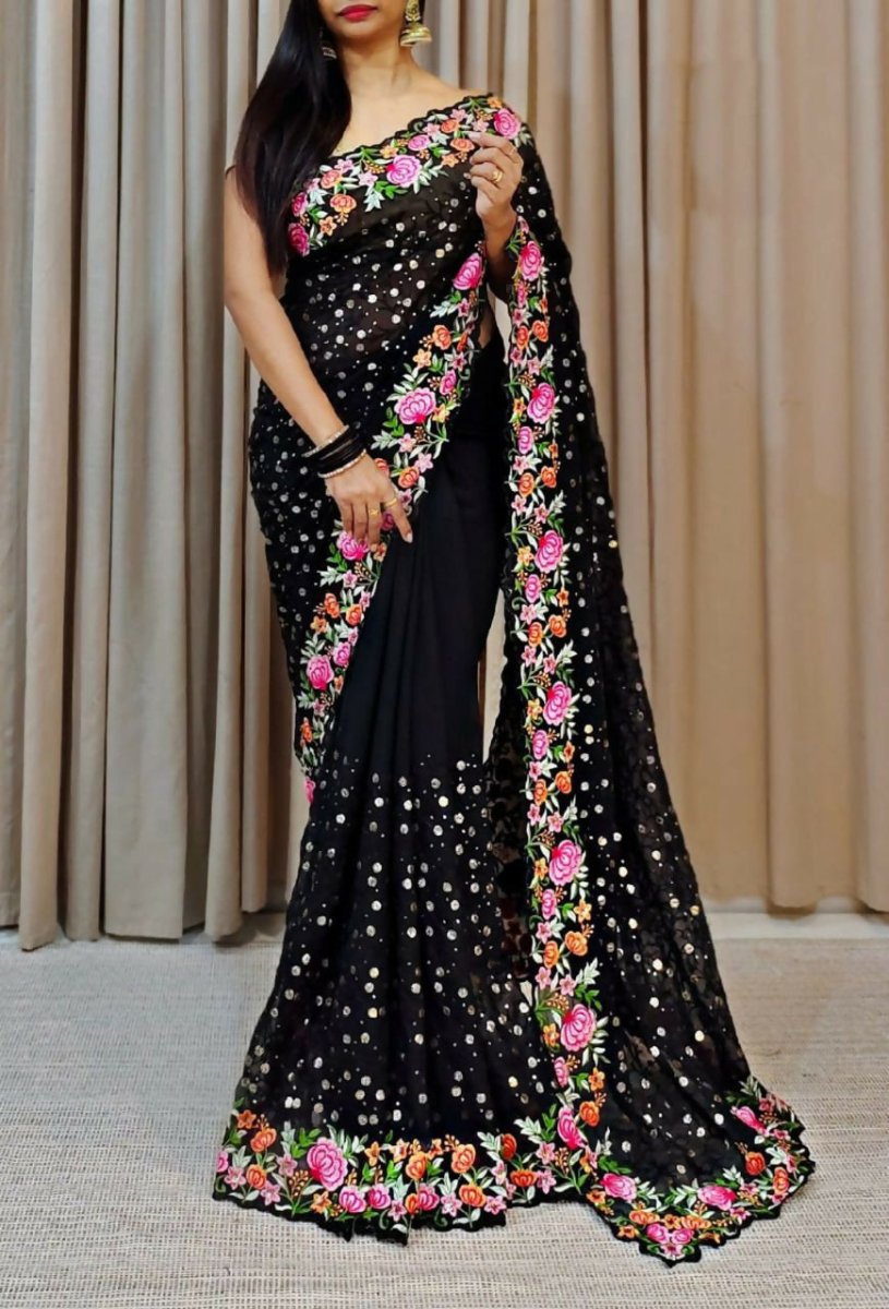 Aastha Fashion Black Soft Georgette Fabric Beautiful Sequence and multicolored Embroidery work Saree