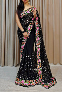 Thumbnail for Aastha Fashion Black Soft Georgette Fabric Beautiful Sequence and multicolored Embroidery work Saree
