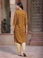 Thumbnail for Juniper Mustard Floral Printed Muslin Kurta With Tassels & A Pleat At Front - Distacart