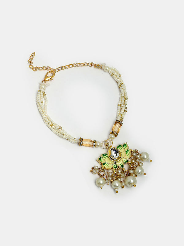 NVR Women & Men Set of 2 Green Lotus Shape Kundan-Studded & Beaded Handcrafted Wraparound Rakhi Set With Roli Chawal - Distacart