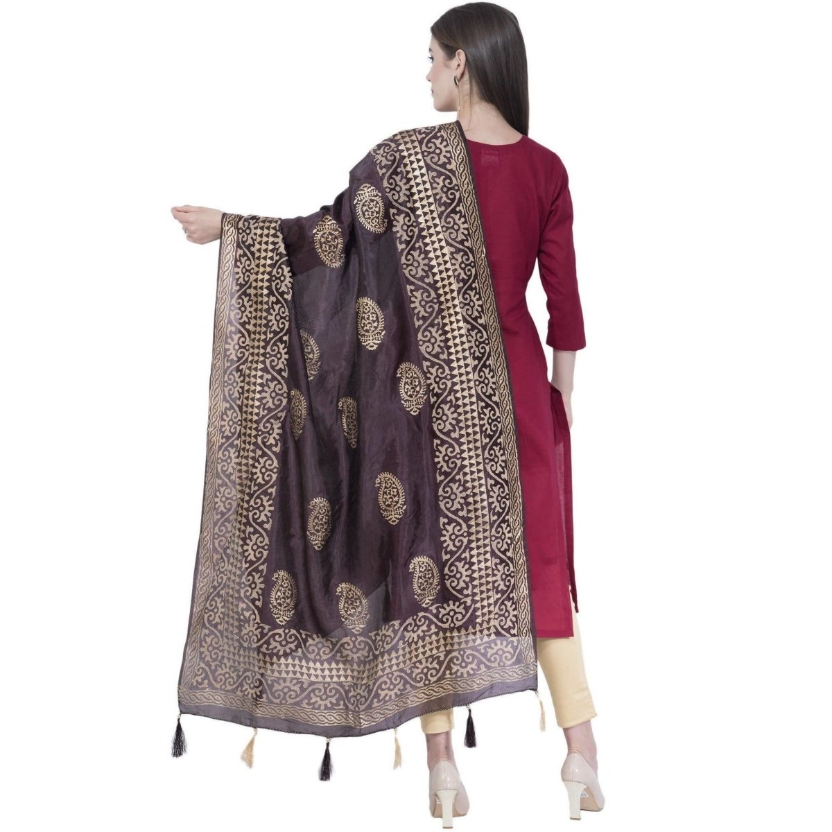 A R Silk Women's Gold Print Silk Black Dupattas and Chunnis