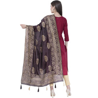 Thumbnail for A R Silk Women's Gold Print Silk Black Dupattas and Chunnis