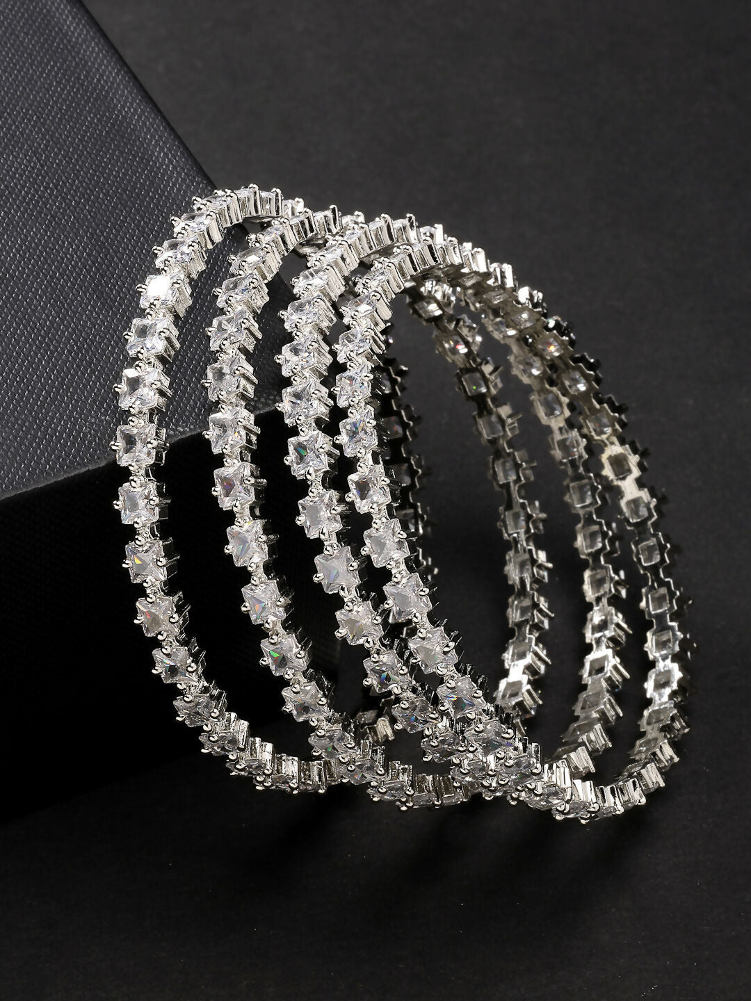 NVR Women's Set of 4 Silver-Plated CZ Stone-Studded Handcrafted Bangles