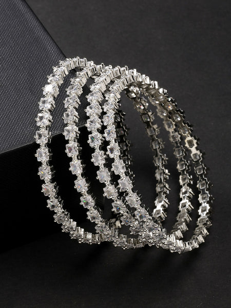NVR Women's Set of 4 Silver-Plated CZ Stone-Studded Handcrafted Bangles