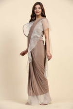 Thumbnail for Light Brown Lycra Solid Ready to Wear Saree with stitched Blouse - Nita - Distacart