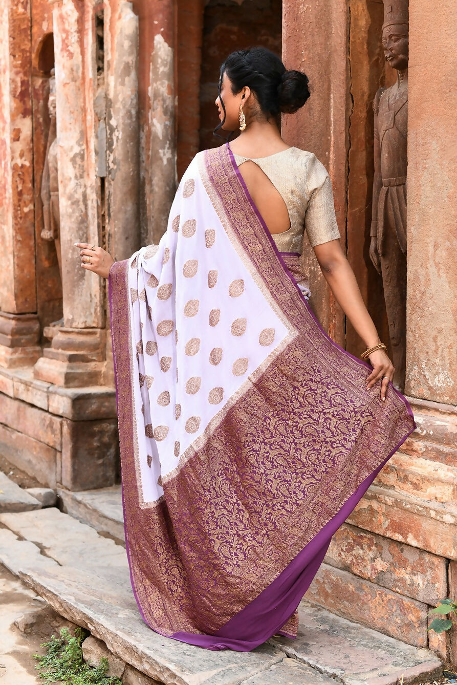 Joban Fashion Light Purple Crepe Chiffon Pure Handloom Banarasi Silk Saree