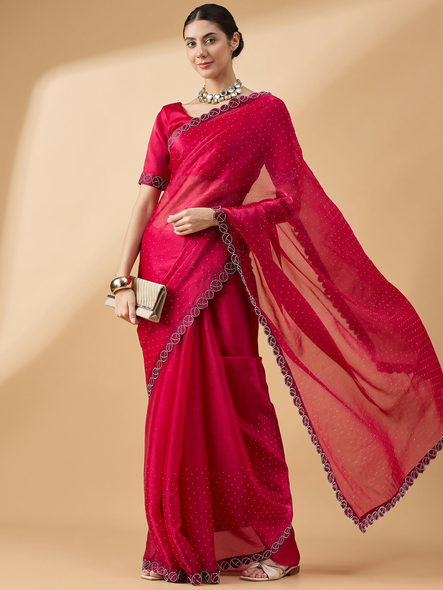 Pink Organza Swaroski Diamond Work Saree with Unstitched Blouse - Radha - Distacart