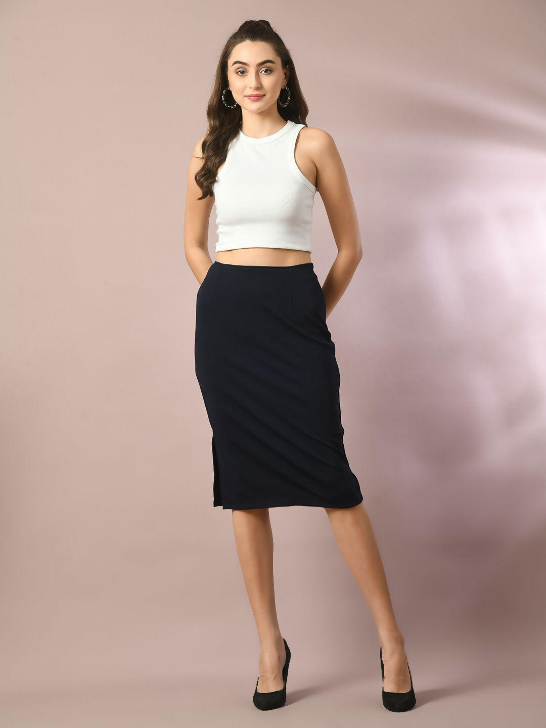 Myshka Women's Blue Solid Knee Length Party Embellished Skirts - Distacart